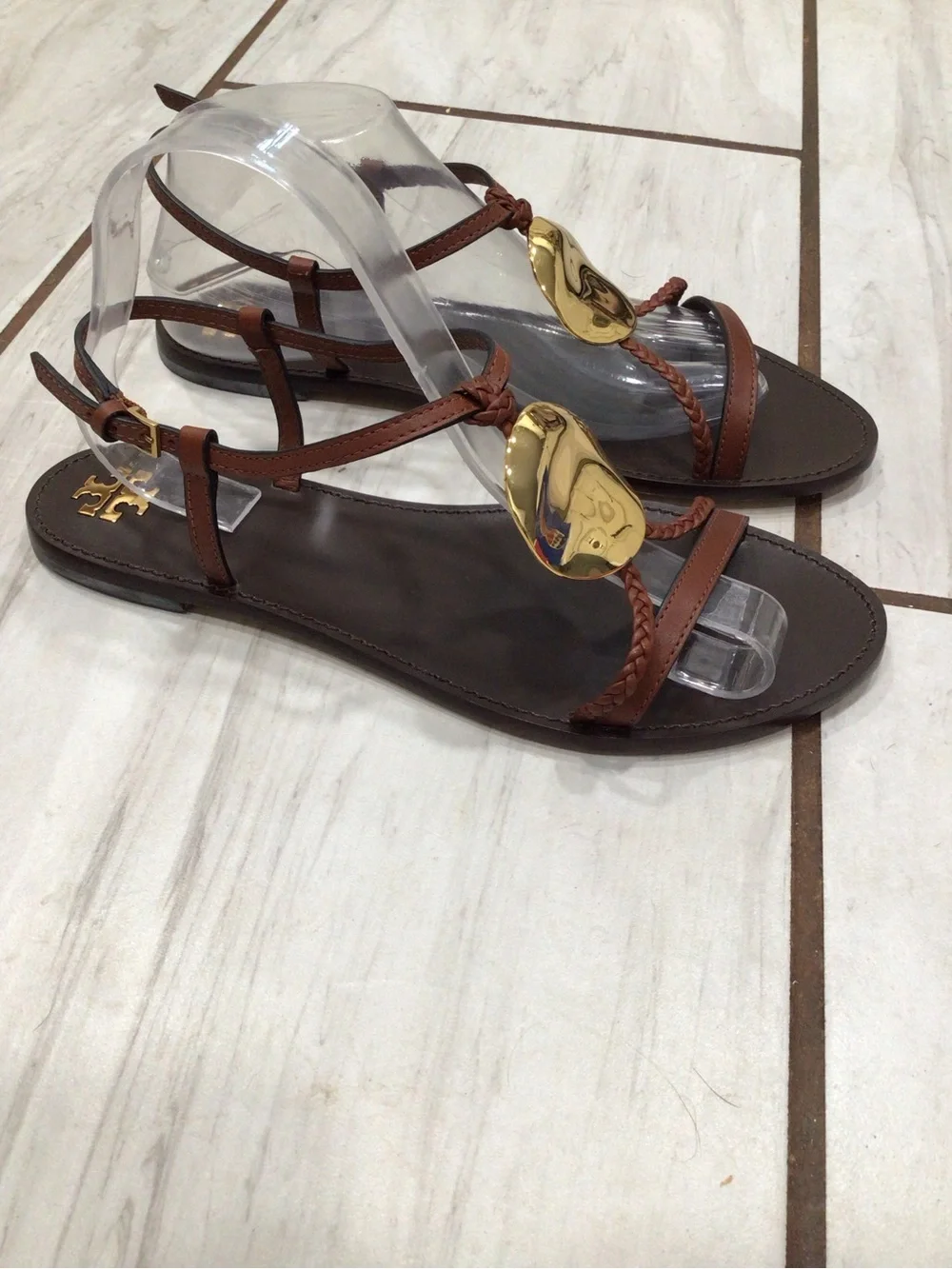 Tory Burch Patos Brown Gold Medallion Leather Flat Sandals Size 10M NIB 80287